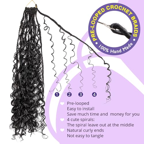Goddess Box Braids Crochet Hair for Black Women with Curly Ends and Boho Style 24 Inch 4 Spirals Pre Looped 8 Packs Synt