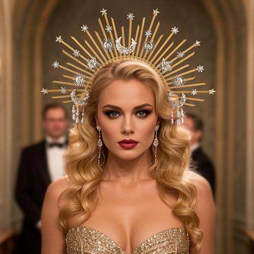 COSUCOS Moon Star Sunburst Spike Sun Crown Headband for Women Halloween Cosplay.Accessorice with Gold Halo and Tassel.Re